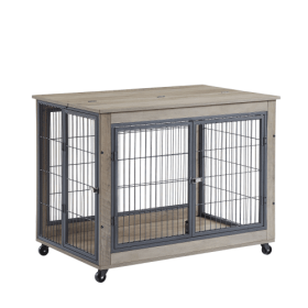 Furniture Style Dog Cage Side Table With Wheels With Double Doors And A Raised Top. Grey (Color: grey)