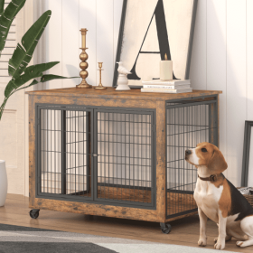 Furniture Double Door Dog Cage, Rustic Brown (Color: Brown)