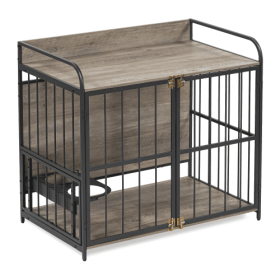 Dog Cage Furniture With Adjustable Feeding Rack For Medium-sized Dogs (Color: grey)