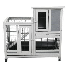 Wooden Rabbit House, Outdoor Pet Rabbit House, Wooden Cage With Ventilated Grid Fence, Openable Door, Cleaning Tray, Grey (Color: grey)