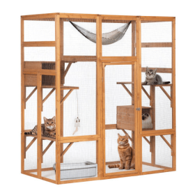 Outdoor Cat Enclosure, Large Wooden Cat Cage, Sun Roof, Perch, Sleeping Box, Pet Enclosure, Orange (Color: Orange)