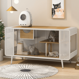 Spacious Cat Houses With Tempered Glass Are Suitable For Living Rooms, Hallways, Dens, And Other Spaces (Color: White)