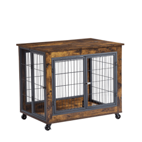 Furniture Style Dog Crate Side Table On Wheels With Double Doors And Lift Top. Rustic Brown, 31.50'' W X 22.05'' D X 25'' H. (Color: Brown)