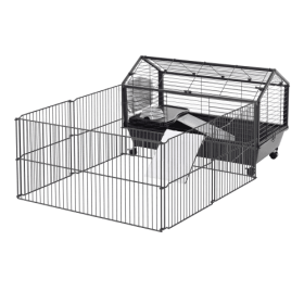 Small Animal Play Fence Cage With Rolling Casters, Water Bottle (Color: Black)