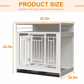 43.3 Inch Large Dog Kennel Furniture, Wooden Kennel With Divider (Color: White)