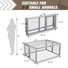 Folding Rabbit Hutch With Perch Pole, Wooden Foldable Guinea Pig Runway, Outdoor Rabbit Cage, Portable, Grey (Color: grey)